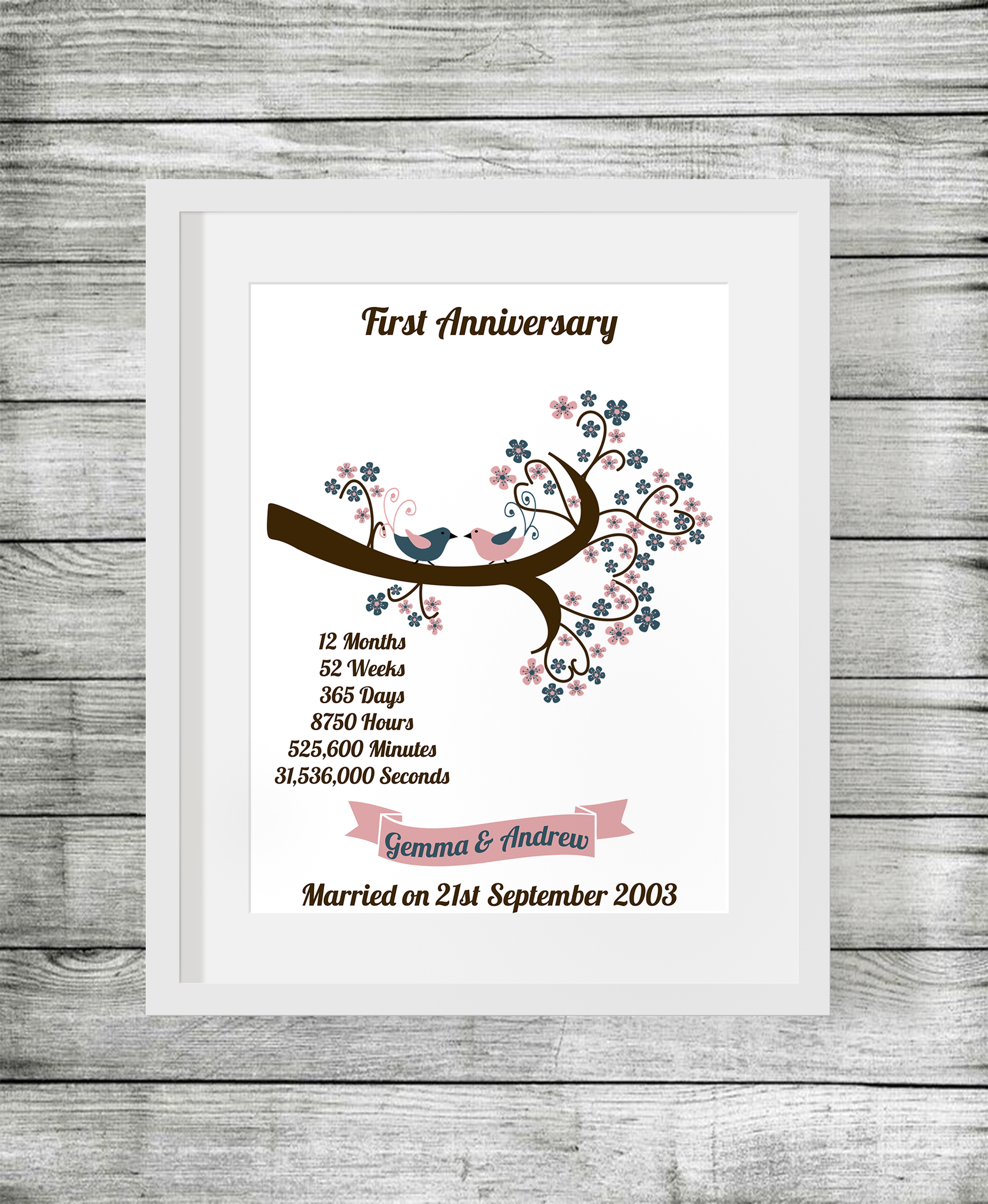  First  Wedding  Anniversary  Personalised Print with Birds 