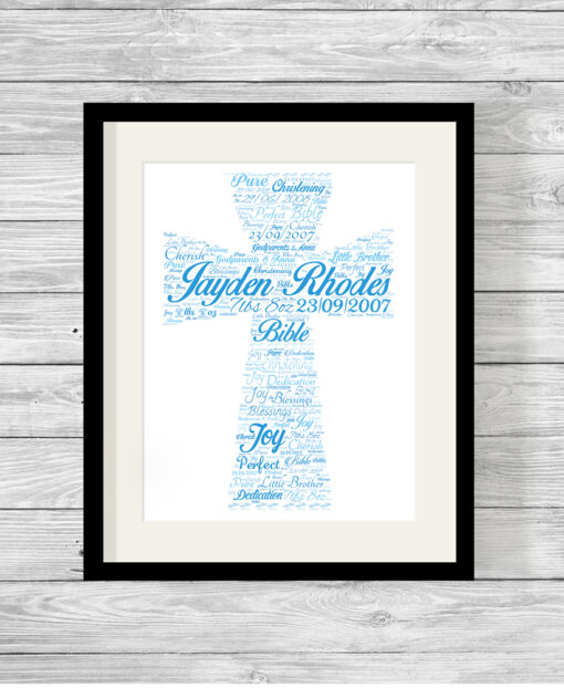 Personalised Bespoke Blue Cross Christening Word Art Print