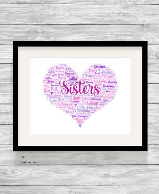 Personalised Sisters Heart Word Art Print