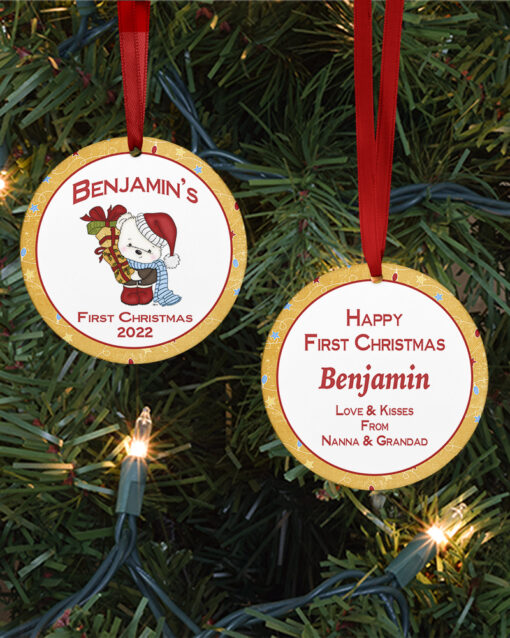 Personalised First Christmas Tree Bauble Teddy Bear